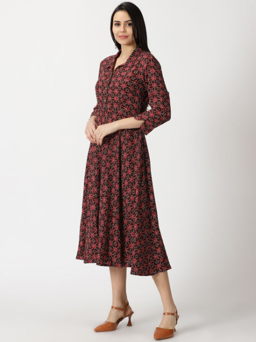 Maroon Abstract Print Shirt Collar Midi Dress – Saffron Threads
