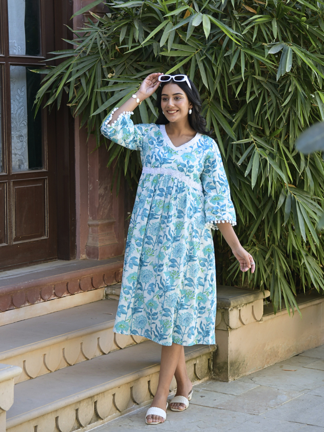 White Tropical Print Cotton Midi Dress with Lace Details Saffron Threads