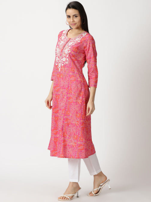 Pink Floral Print Cotton Kurta with Chikankari Yoke Embroidery