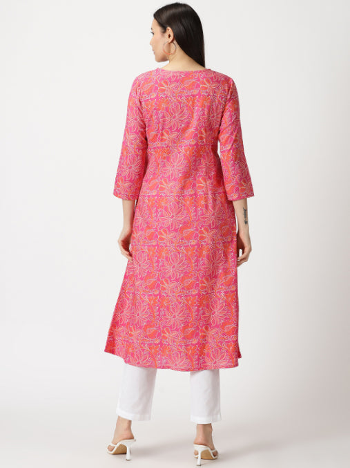 Pink Floral Print Cotton Kurta with Chikankari Yoke Embroidery