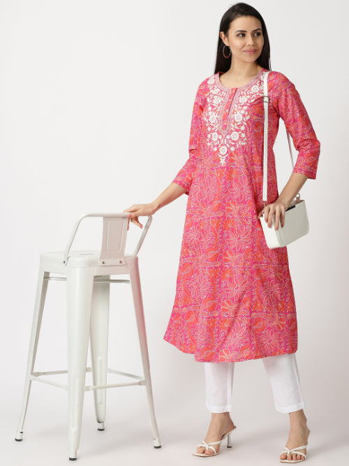 Pink Floral Print Cotton Kurta with Chikankari Yoke Embroidery