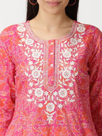 Pink Floral Print Cotton Kurta with Chikankari Yoke Embroidery