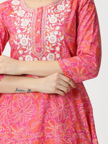 Pink Floral Print Cotton Kurta with Chikankari Yoke Embroidery