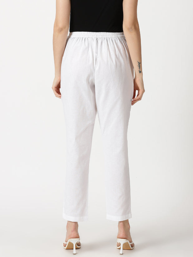 White Cotton Flax Straight Fit Slip-on Trouser