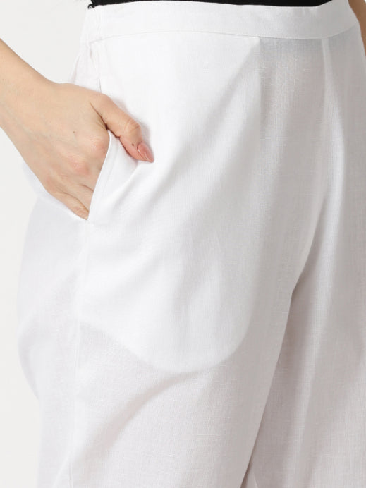 White Cotton Flax Straight Fit Slip-on Trouser