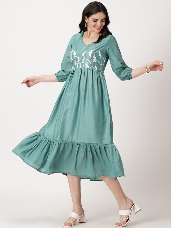 Sea Green Poly Muslin Boho Midi Dress with Yoke Embroidery Saffron Threads Sea Green Poly Muslin Boho Midi Dress with Yoke Embroidery Saffron Threads