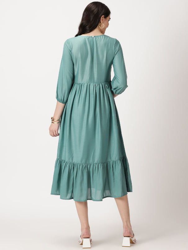 Sea Green Poly Muslin Boho Midi Dress with Yoke Embroidery Saffron Threads Sea Green Poly Muslin Boho Midi Dress with Yoke Embroidery Saffron Threads