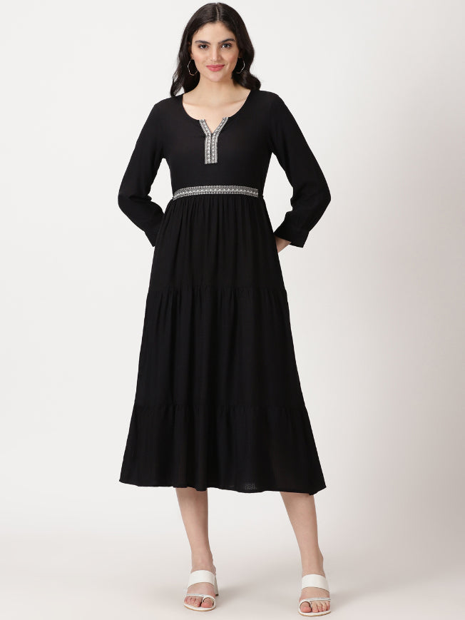 Black Self Design Tiered Midi Dress with Waist Tie-up
