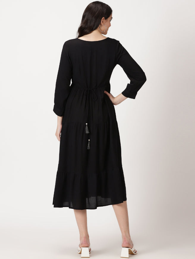 Black Self Design Tiered Midi Dress with Waist Tie-up