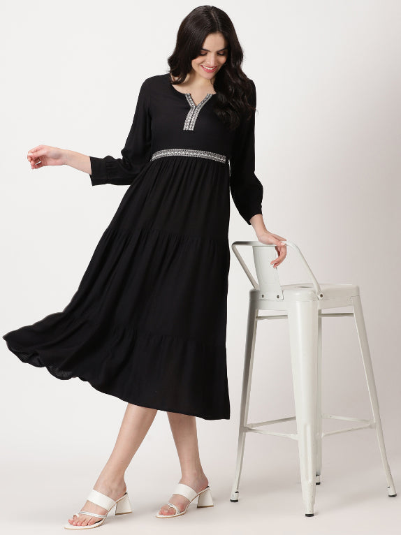 Black Self Design Tiered Midi Dress with Waist Tie-up
