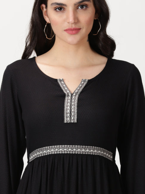 Black Self Design Tiered Midi Dress with Waist Tie-up