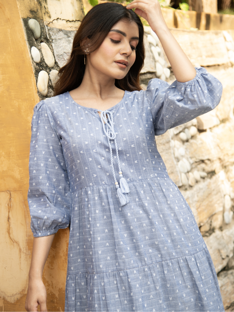 Blue Abstract Woven Design Tiered Midi Dress