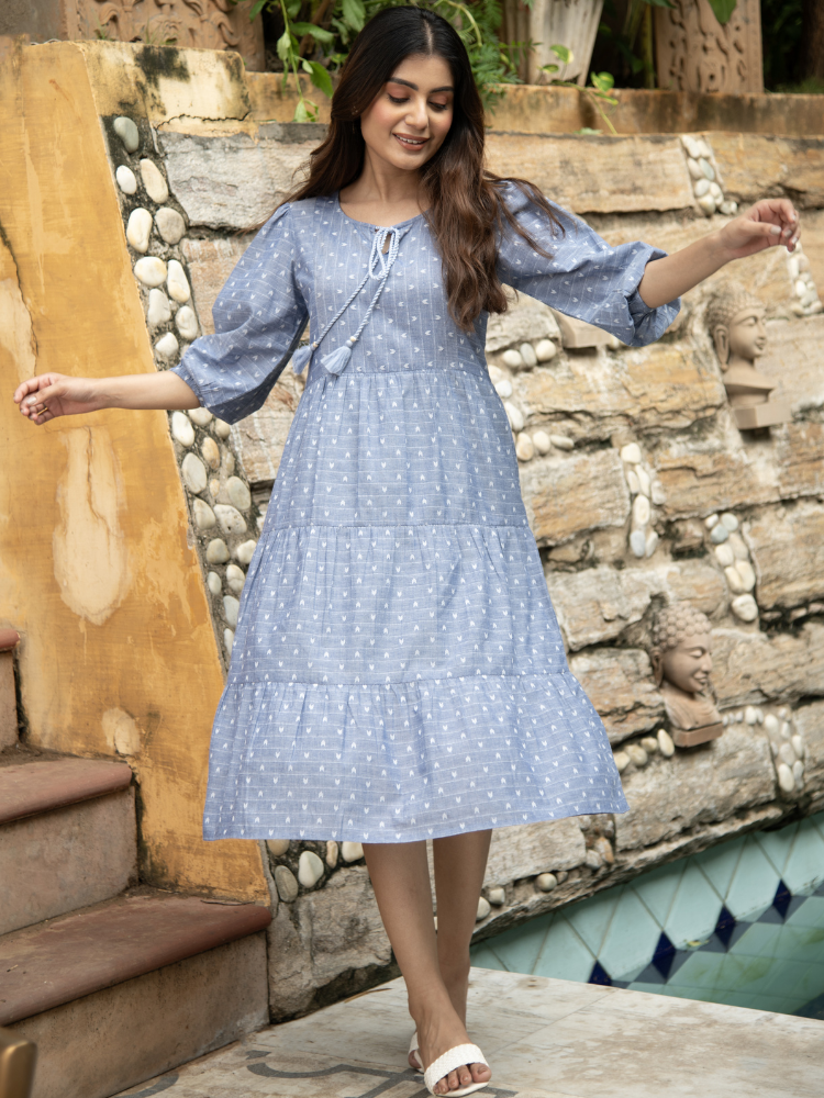 Blue Abstract Woven Design Tiered Midi Dress