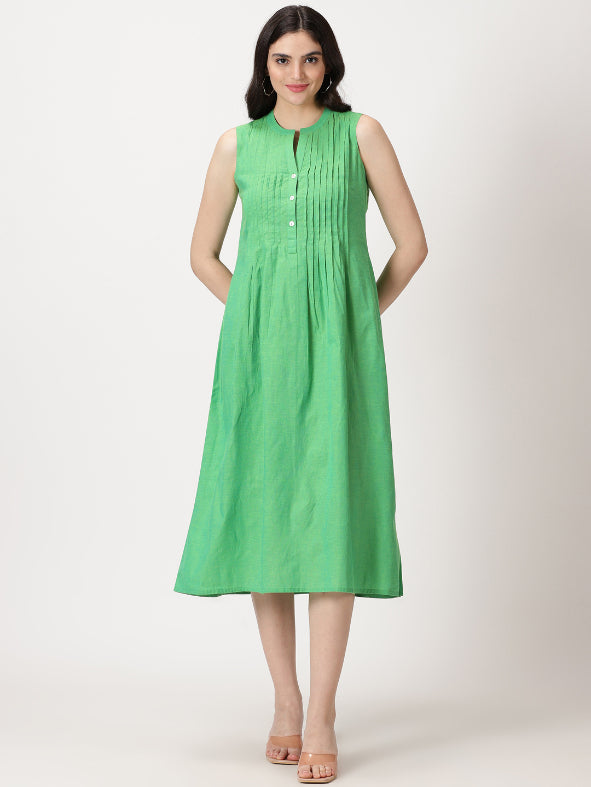 Green Cotton Pintuck Detail Midi Dress