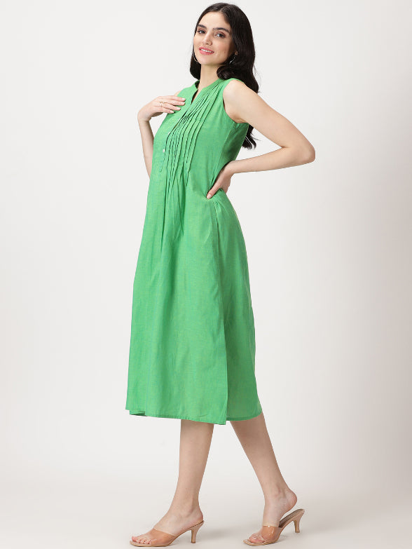 Green Cotton Pintuck Detail Midi Dress