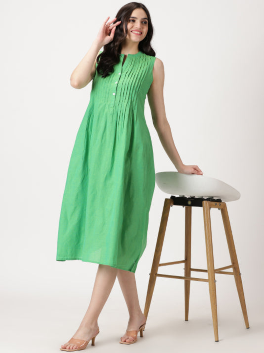 Green Cotton Pintuck Detail Midi Dress