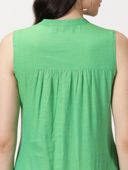 Green Cotton Pintuck Detail Midi Dress