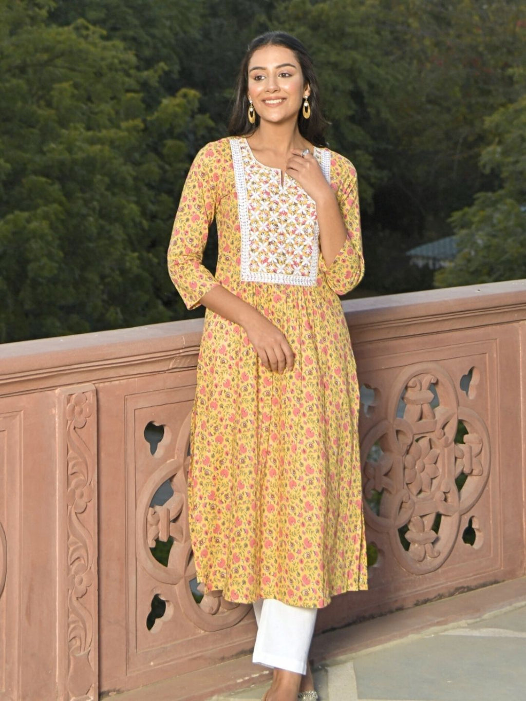 Yellow Floral Print Kurta with Chikankari Embroidery