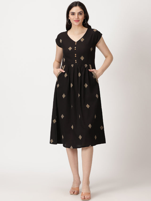 Black Geometric Woven Design Midi Dress with Embroidered Pockets