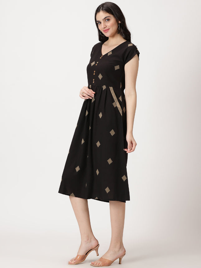 Black Geometric Woven Design Midi Dress with Embroidered Pockets