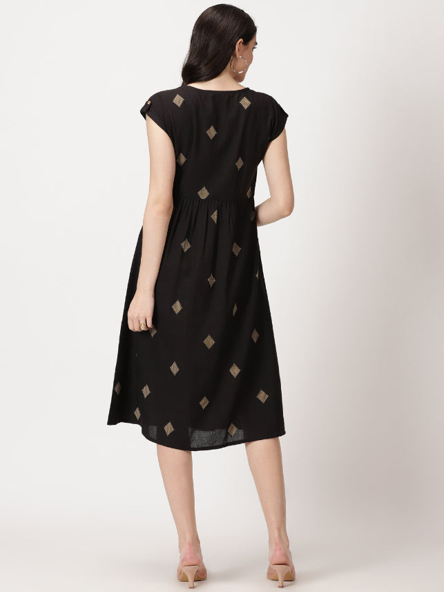 Black Geometric Woven Design Midi Dress with Embroidered Pockets