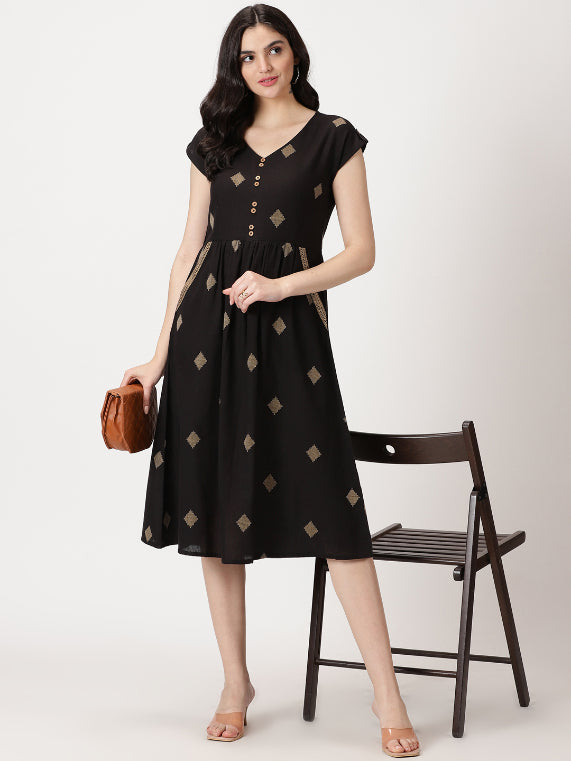 Black Geometric Woven Design Midi Dress with Embroidered Pockets