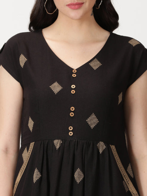 Black Geometric Woven Design Midi Dress with Embroidered Pockets