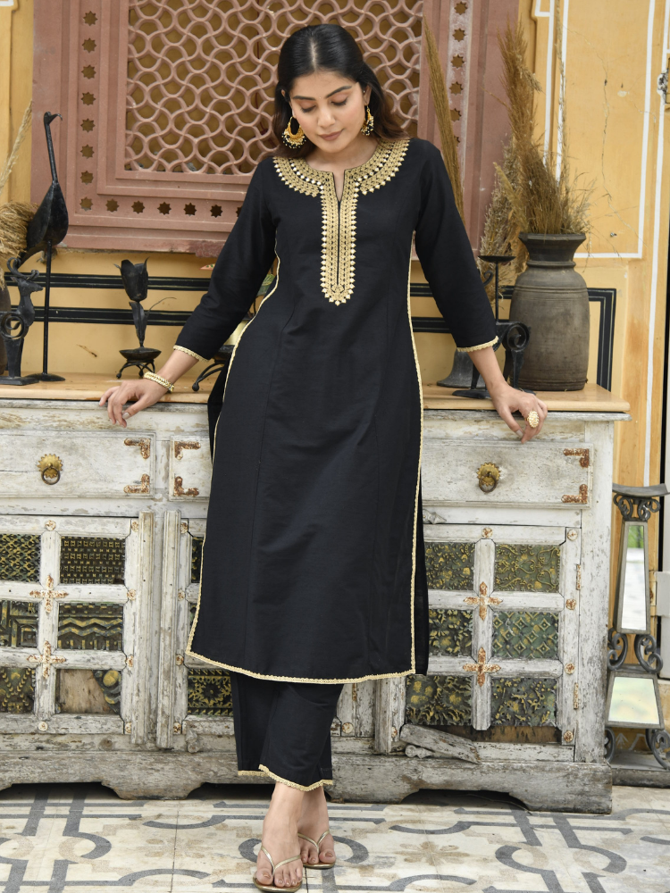 Black Art Silk Kurta with Embroidery & Lace Details
