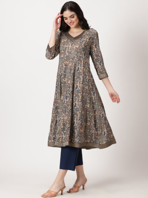 Beige Ethnic Floral Print Anarkali Kurta with Brocade Lace Details