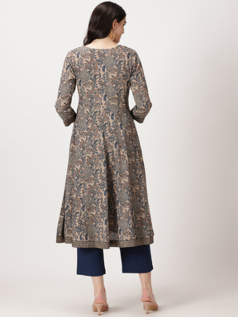 Beige Ethnic Floral Print Anarkali Kurta with Brocade Lace Details