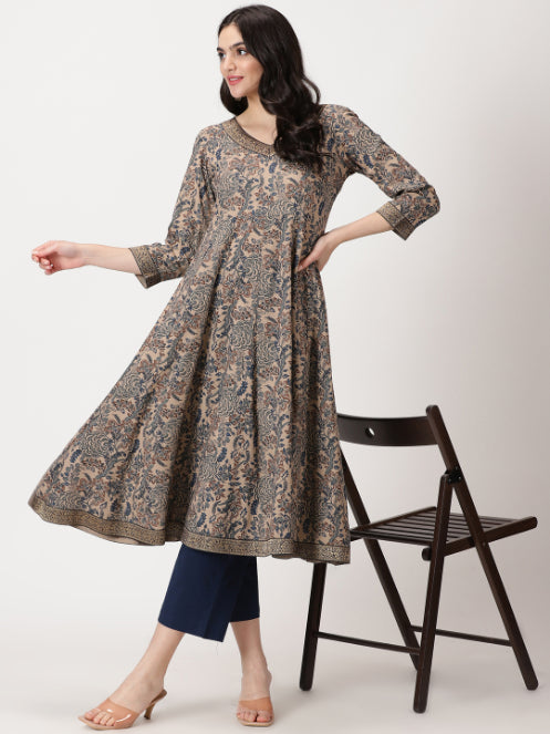 Beige Ethnic Floral Print Anarkali Kurta with Brocade Lace Details