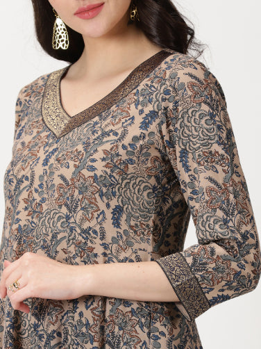 Beige Ethnic Floral Print Anarkali Kurta with Brocade Lace Details