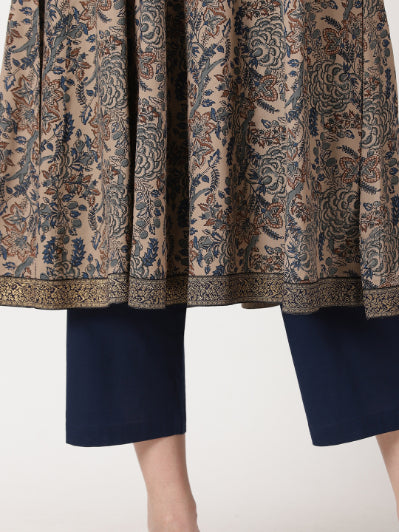 Beige Ethnic Floral Print Anarkali Kurta with Brocade Lace Details