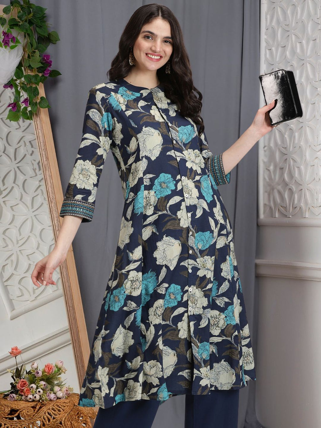 Navy Blue Floral Print Button-Down Kurta