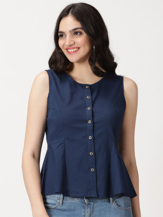 Navy Blue Cotton Linen Button-Down A-Line Top