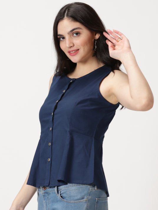 Navy Blue Cotton Linen Button-Down A-Line Top