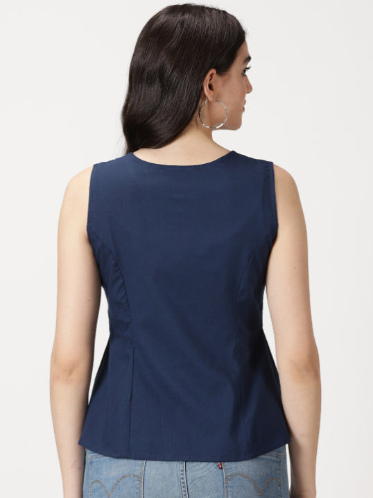 Navy Blue Cotton Linen Button-Down A-Line Top