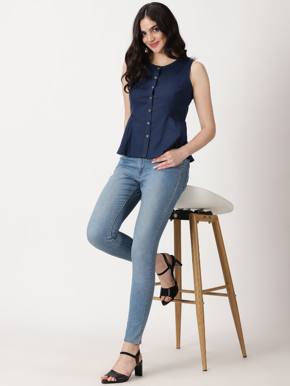 Navy Blue Cotton Linen Button-Down A-Line Top