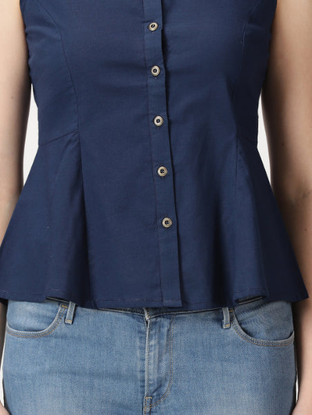 Navy Blue Cotton Linen Button-Down A-Line Top
