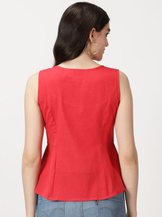 Red Cotton Linen Button-Down A-Line Top
