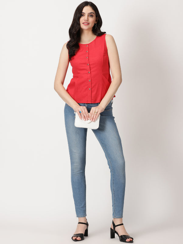 Red Cotton Linen Button-Down A-Line Top