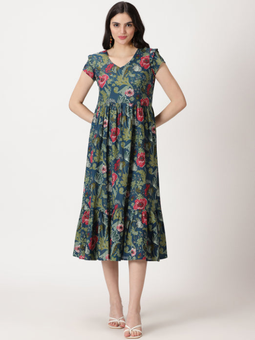 Teal Tropical Printed Midi Dress with Flounce Hem