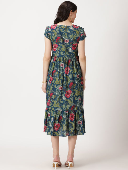 Teal Tropical Printed Midi Dress with Flounce Hem