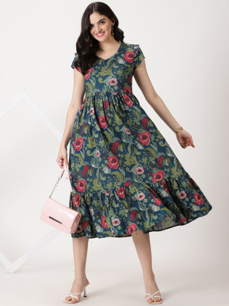 Teal Tropical Printed Midi Dress with Flounce Hem