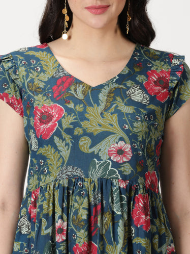 Teal Tropical Printed Midi Dress with Flounce Hem