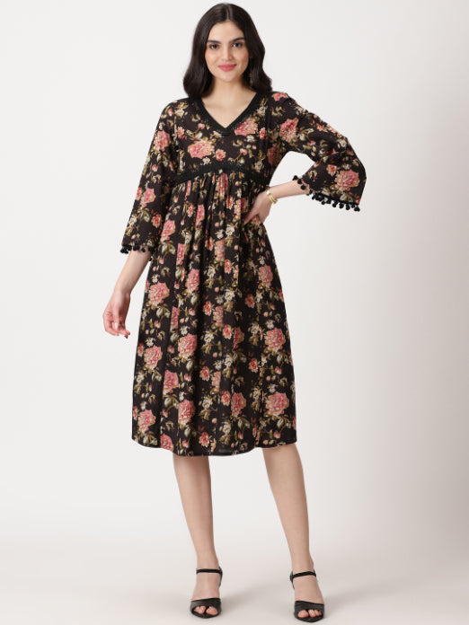 Black Floral Print Cotton Midi Dress with Lace Details