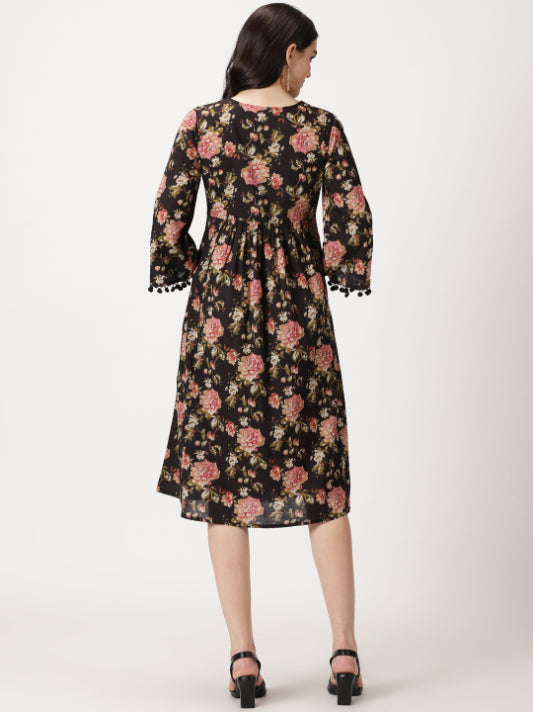 Black Floral Print Cotton Midi Dress with Lace Details