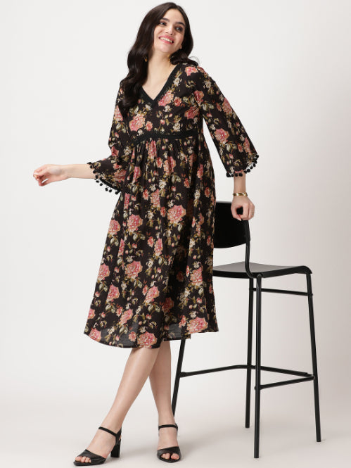 Black Floral Print Cotton Midi Dress with Lace Details