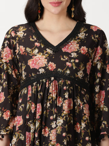Black Floral Print Cotton Midi Dress with Lace Details