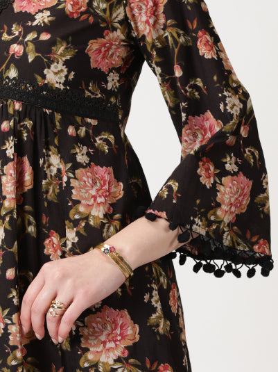 Black Floral Print Cotton Midi Dress with Lace Details